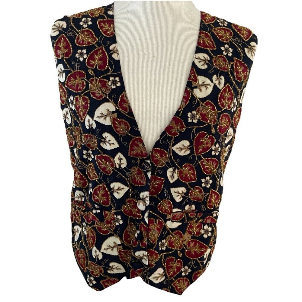 VTG 90s Halsey Collection Vest Womens Small Multicolor Leaf Print Beaded Boho